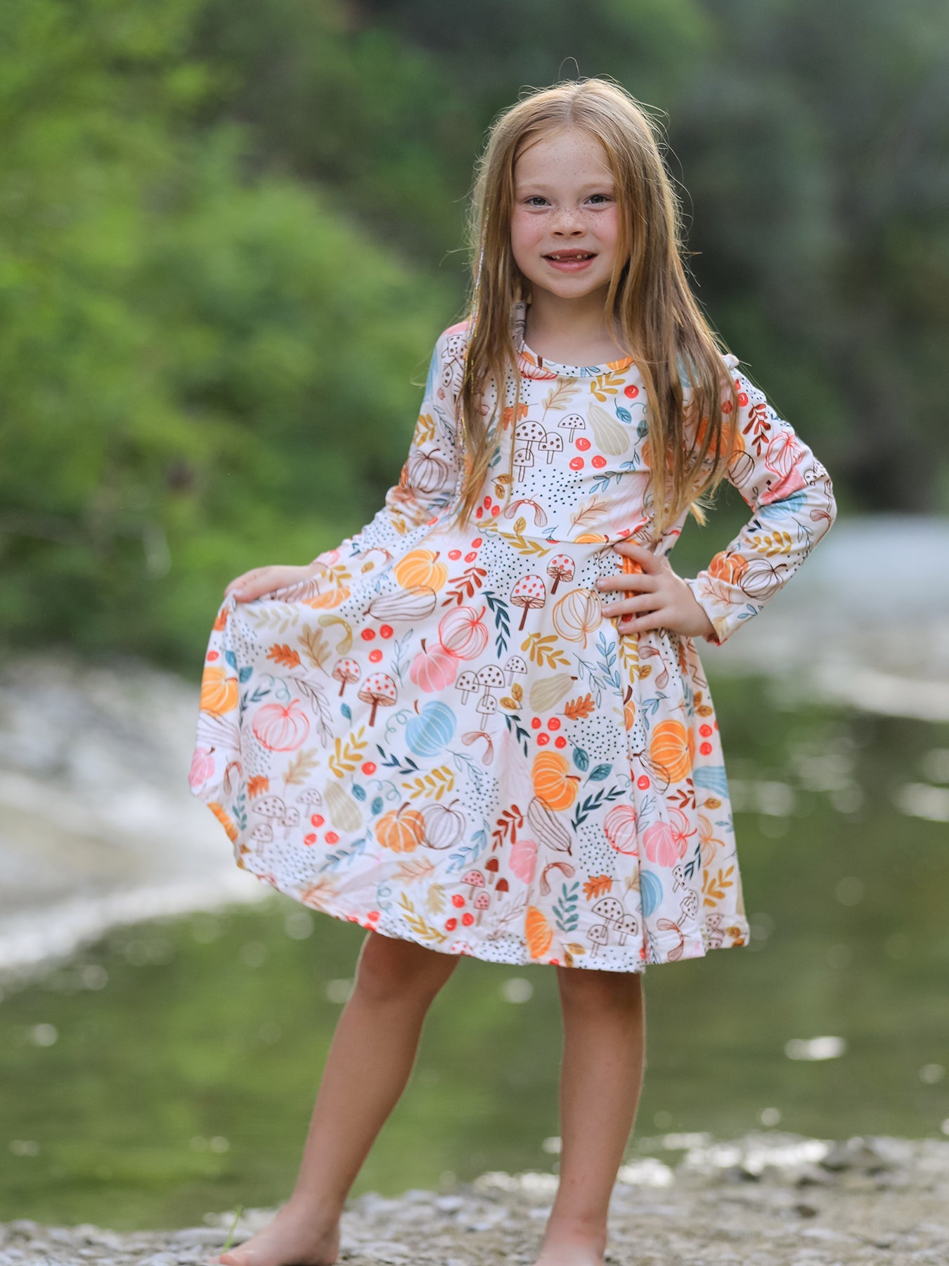 Three Little Tots Fall Thanksgiving Pumpkin Leaf Print Dress
