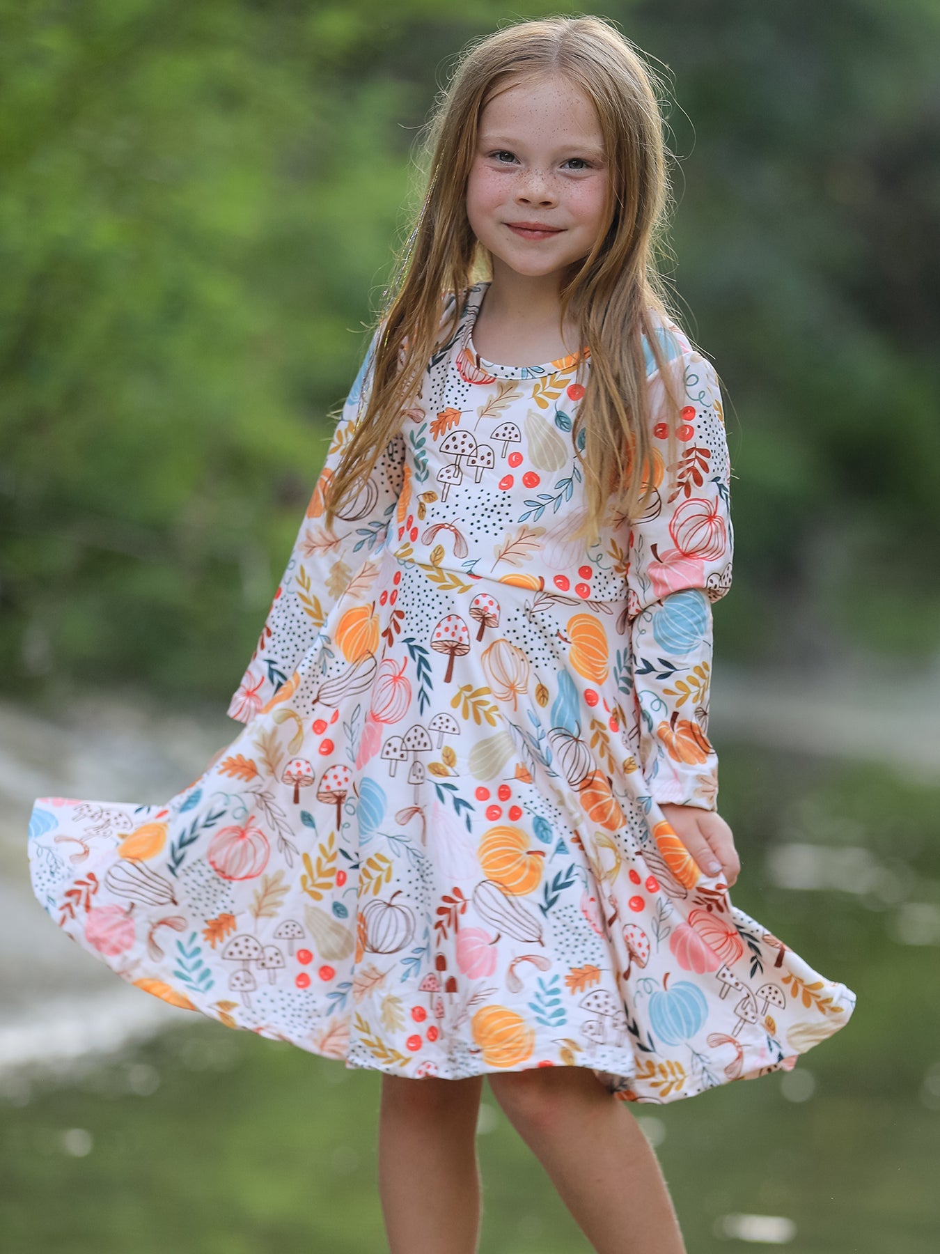 Three Little Tots Fall Thanksgiving Pumpkin Leaf Print Dress, alternate angle