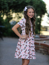 Three Little Tots Girls Western Horse Print Twirl Dress Short Sleeve, alternate angle