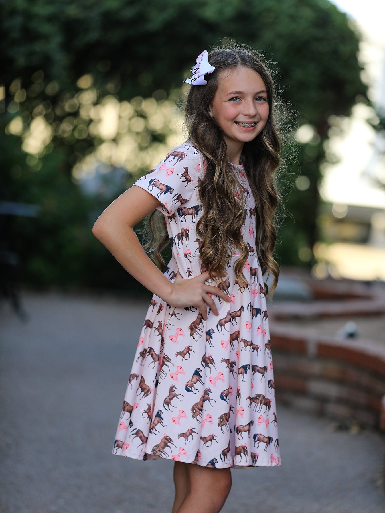 Three Little Tots Girls Western Horse Print Twirl Dress Short Sleeve, alternate angle