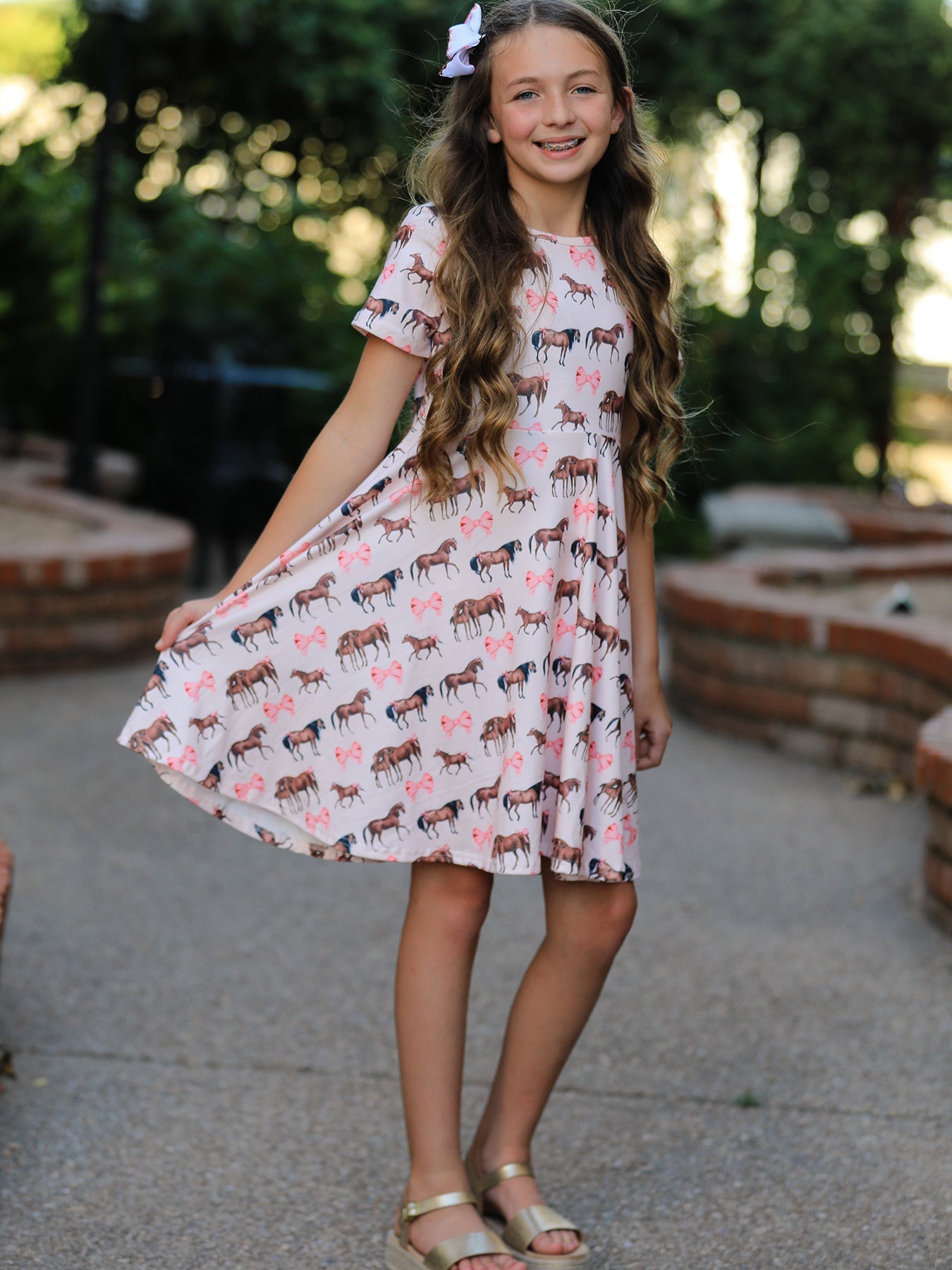 Three Little Tots Girls Western Horse Print Twirl Dress Short Sleeve
