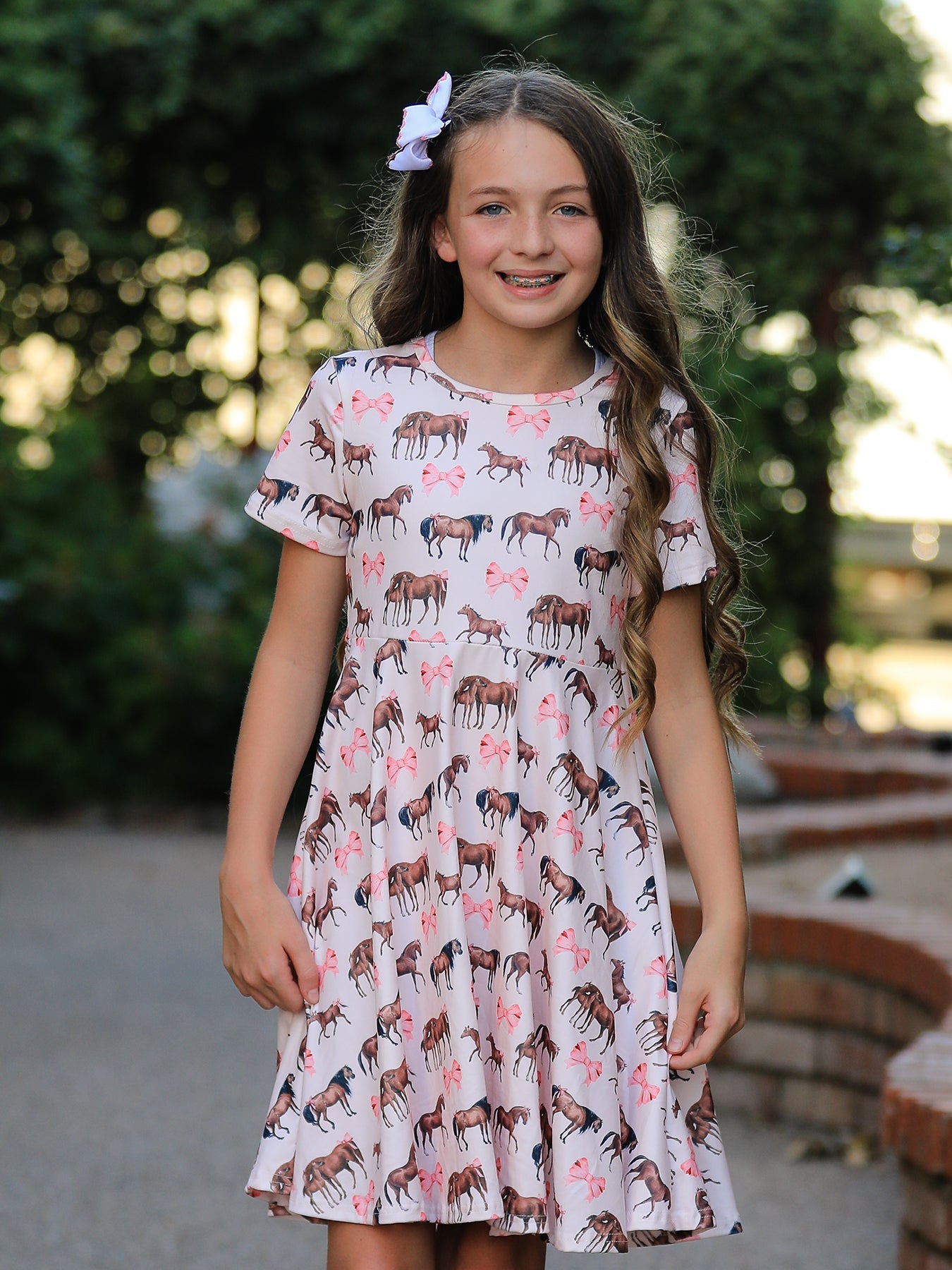 Three Little Tots Girls Western Horse Print Twirl Dress Short Sleeve, additional product photo
