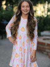 Three Little Tots Fall Halloween and Thanksgiving Pumpkin Bow Print Long Sleeve Dress, extra product detail