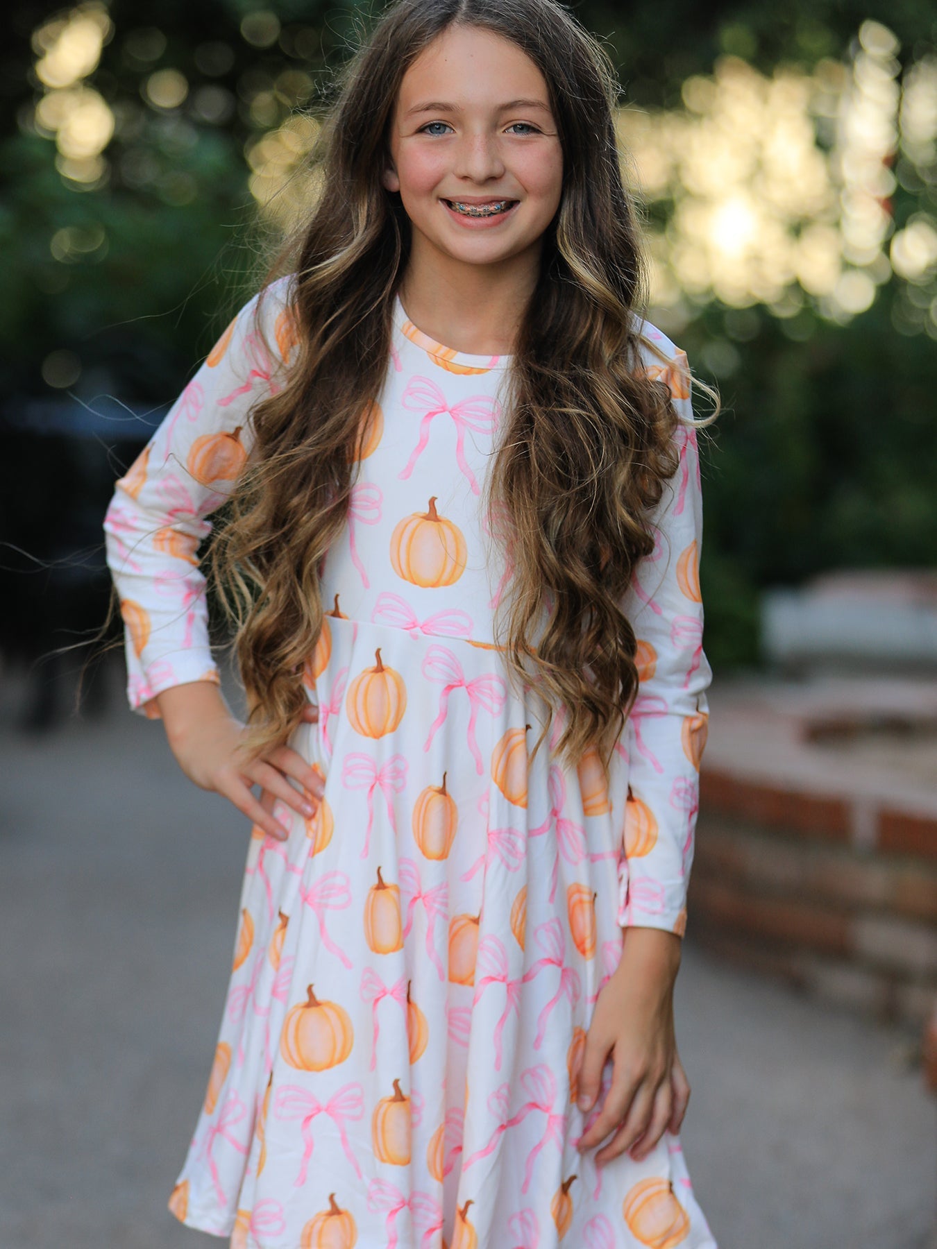 Three Little Tots Fall Halloween and Thanksgiving Pumpkin Bow Print Long Sleeve Dress, extra product detail