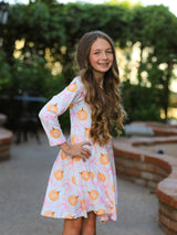 Three Little Tots Fall Halloween and Thanksgiving Pumpkin Bow Print Long Sleeve Dress, additional view