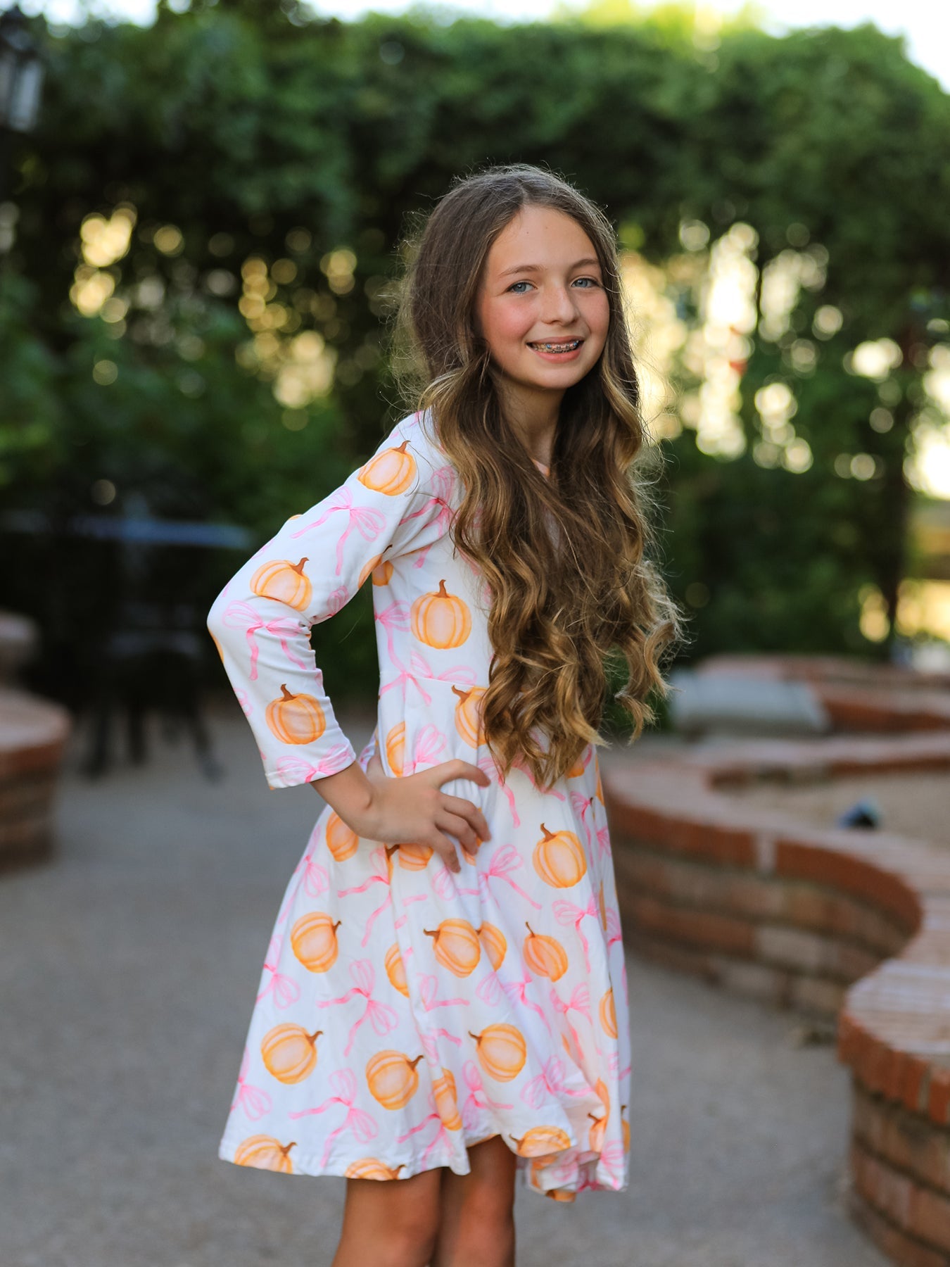 Three Little Tots Fall Halloween and Thanksgiving Pumpkin Bow Print Long Sleeve Dress, additional view