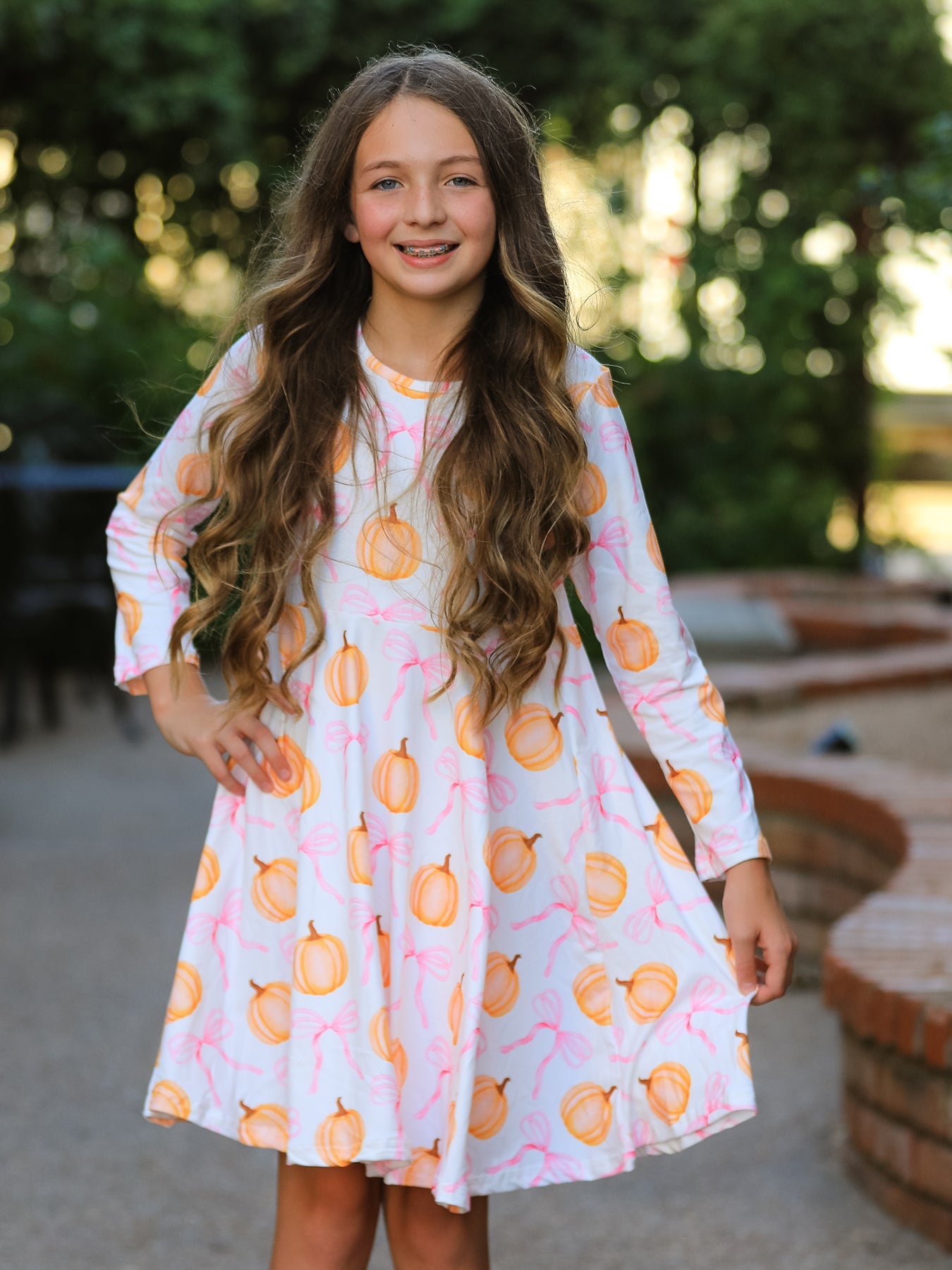 Three Little Tots Fall Halloween and Thanksgiving Pumpkin Bow Print Long Sleeve Dress, alternate angle