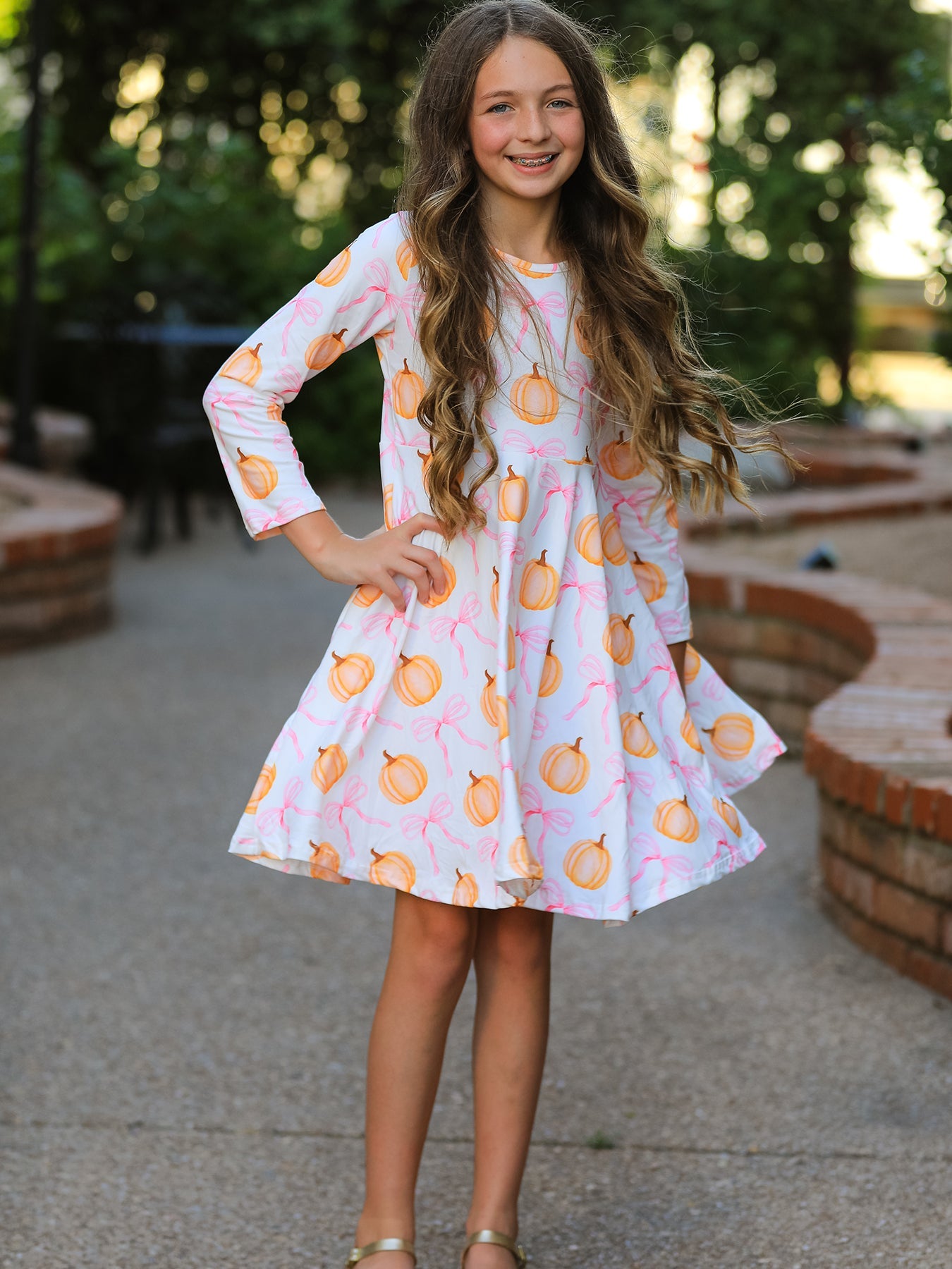 Three Little Tots Fall Halloween and Thanksgiving Pumpkin Bow Print Long Sleeve Dress, additional product photo