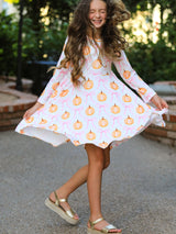 Three Little Tots Fall Halloween and Thanksgiving Pumpkin Bow Print Long Sleeve Dress