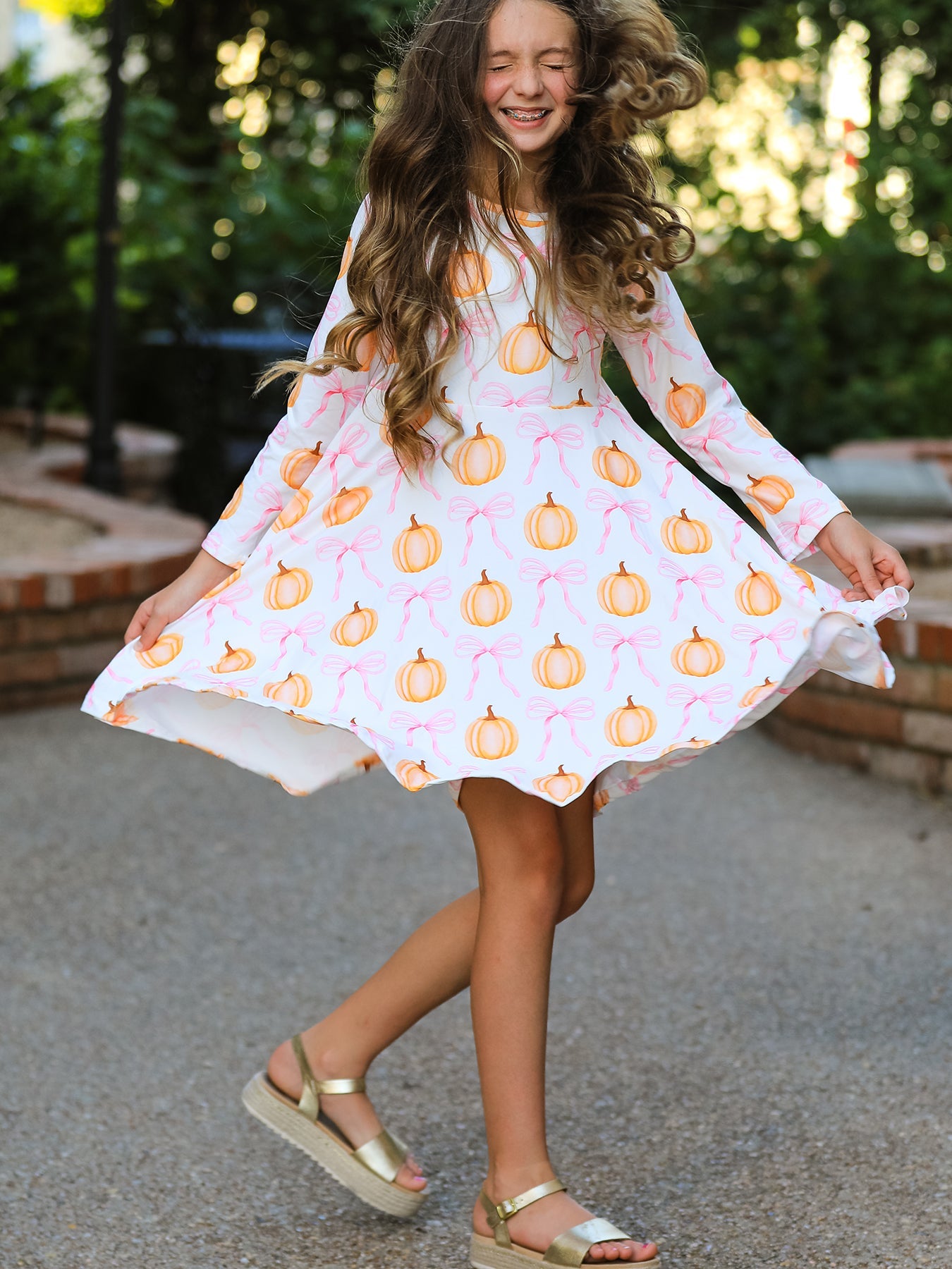 Three Little Tots Fall Halloween and Thanksgiving Pumpkin Bow Print Long Sleeve Dress