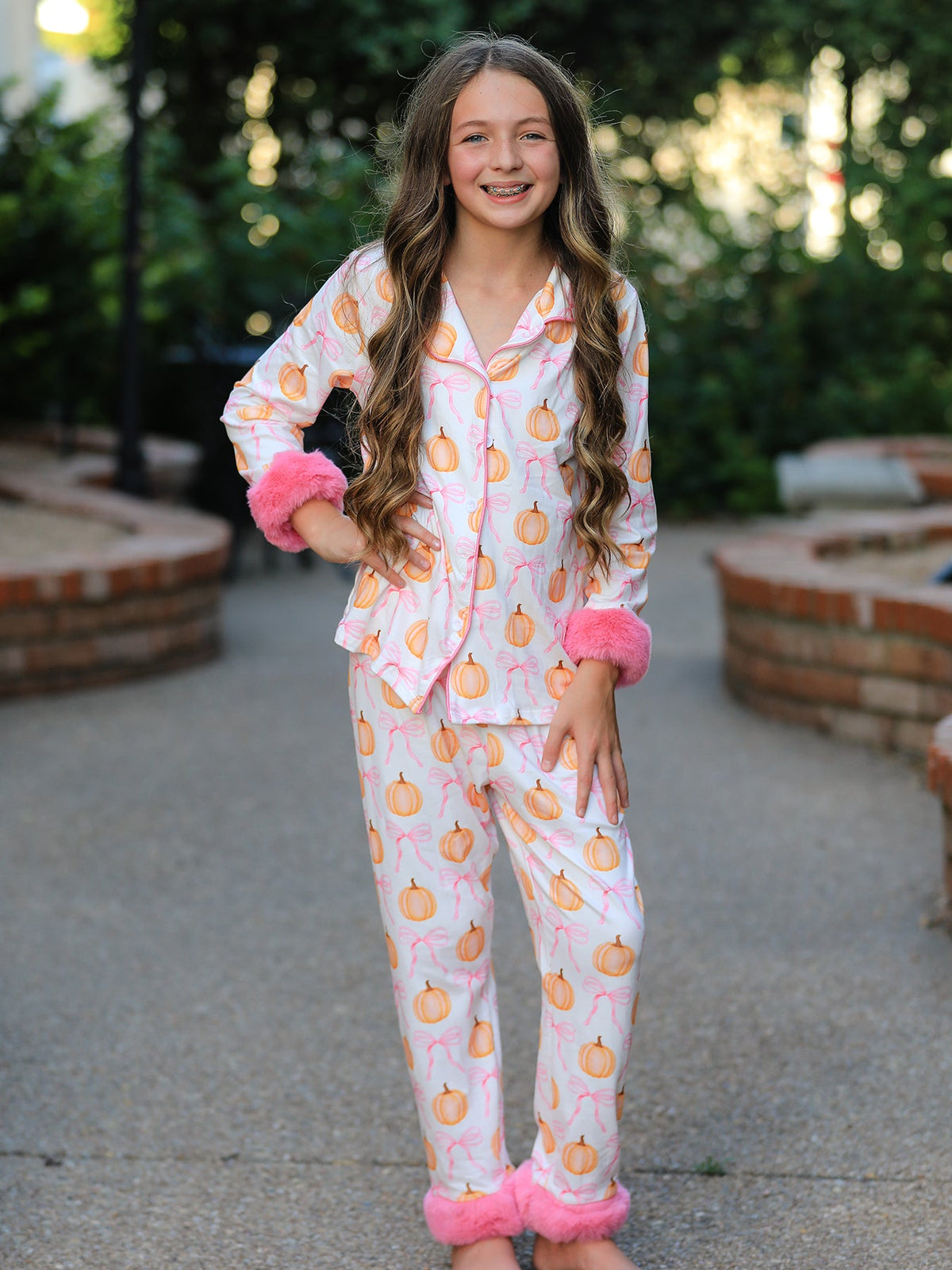 Three Little Tots Halloween Thanksgiving Pumpkin Bow Fur Pajama Set