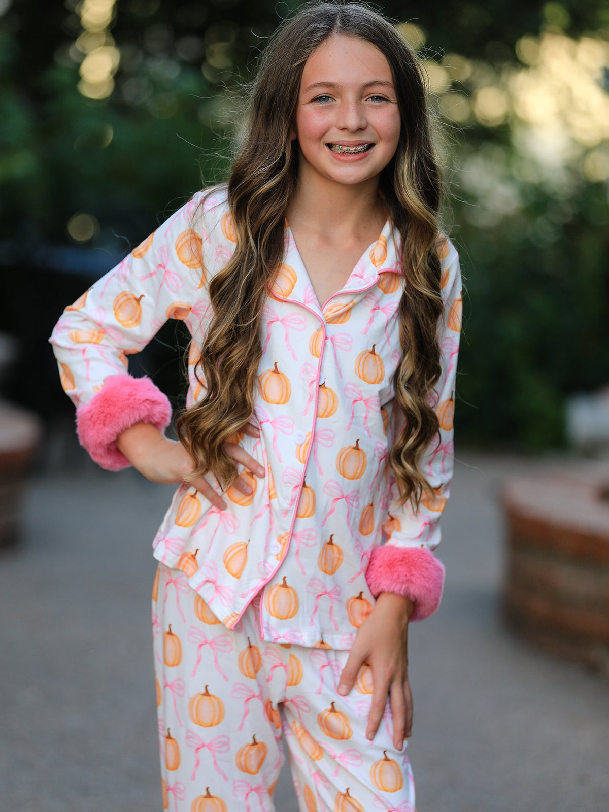 Three Little Tots Halloween Thanksgiving Pumpkin Bow Fur Pajama Set, additional product photo
