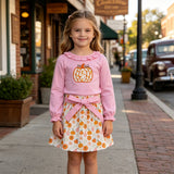 Pink ruffle pumpkin embroidery top skirt girls outfits