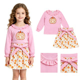 Pink ruffle pumpkin embroidery top skirt girls outfits