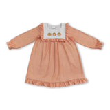 Long sleeves pumpkin embroidery ruffle girls fall dress