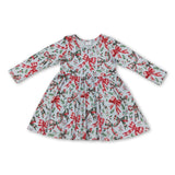 Long sleeves red green plaid bows girls Christmas dress