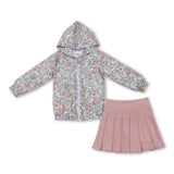 Floral zipper hooded jacket pink pleated skirt girls outfits