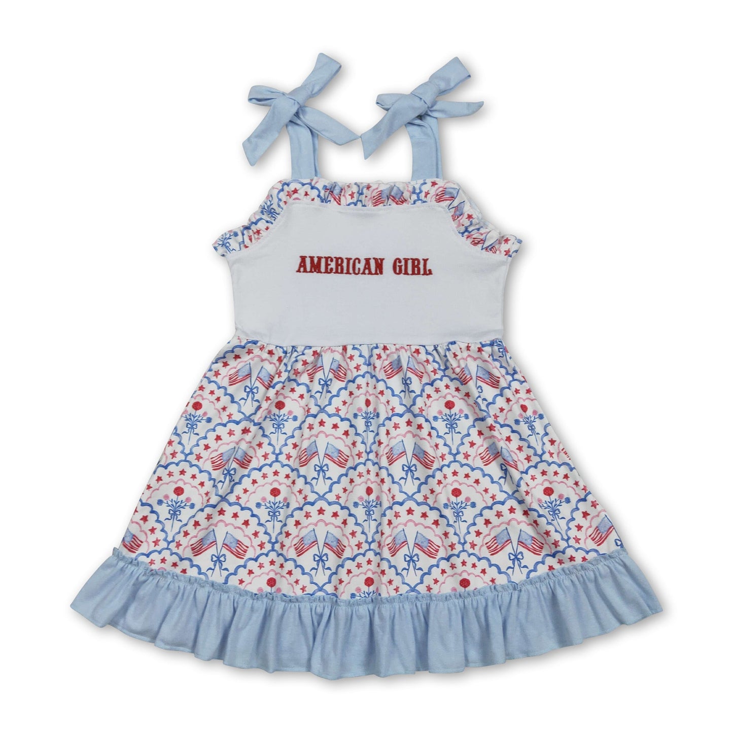 Three Little Tots American Girl embroidery flag bow 4th of july dresses