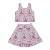Pink stripe castle crop top bow skirt girls summer active set