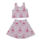 Pink stripe castle crop top bow skirt girls summer active set
