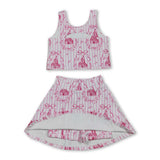Pink stripe castle crop top bow skirt girls summer active set
