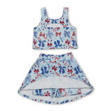Red blue bow top skirt girls 4th of july active wear set