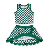 Sleeveless green plaid top scallop skirt girls active wear set