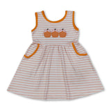 Sleeveless stripe pumpkin bow embroidery girls fall dress