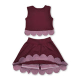 Sleeveless maroon plaid scallop girls summer active wear set