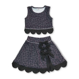 Sleeveless black leopard scallop top skirt girls active set