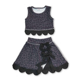 Sleeveless black leopard scallop top skirt girls active set