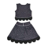Sleeveless black leopard scallop top skirt girls active set