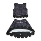 Sleeveless black leopard scallop top skirt girls active set