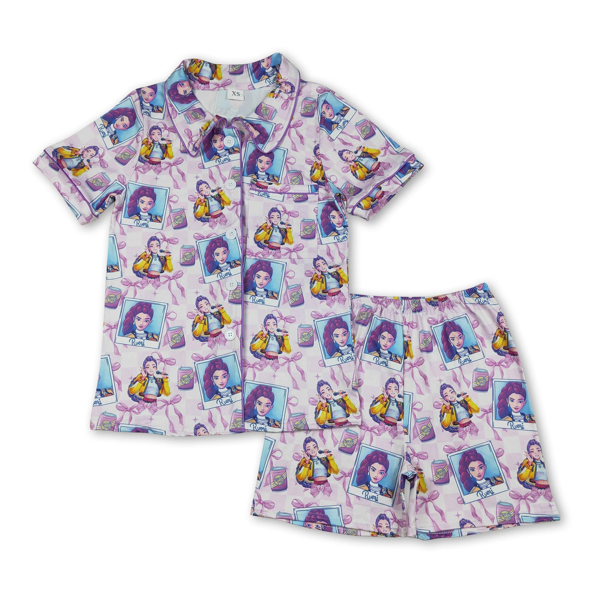 Three Little Tots Short sleeves purple bow music women button down pajamas