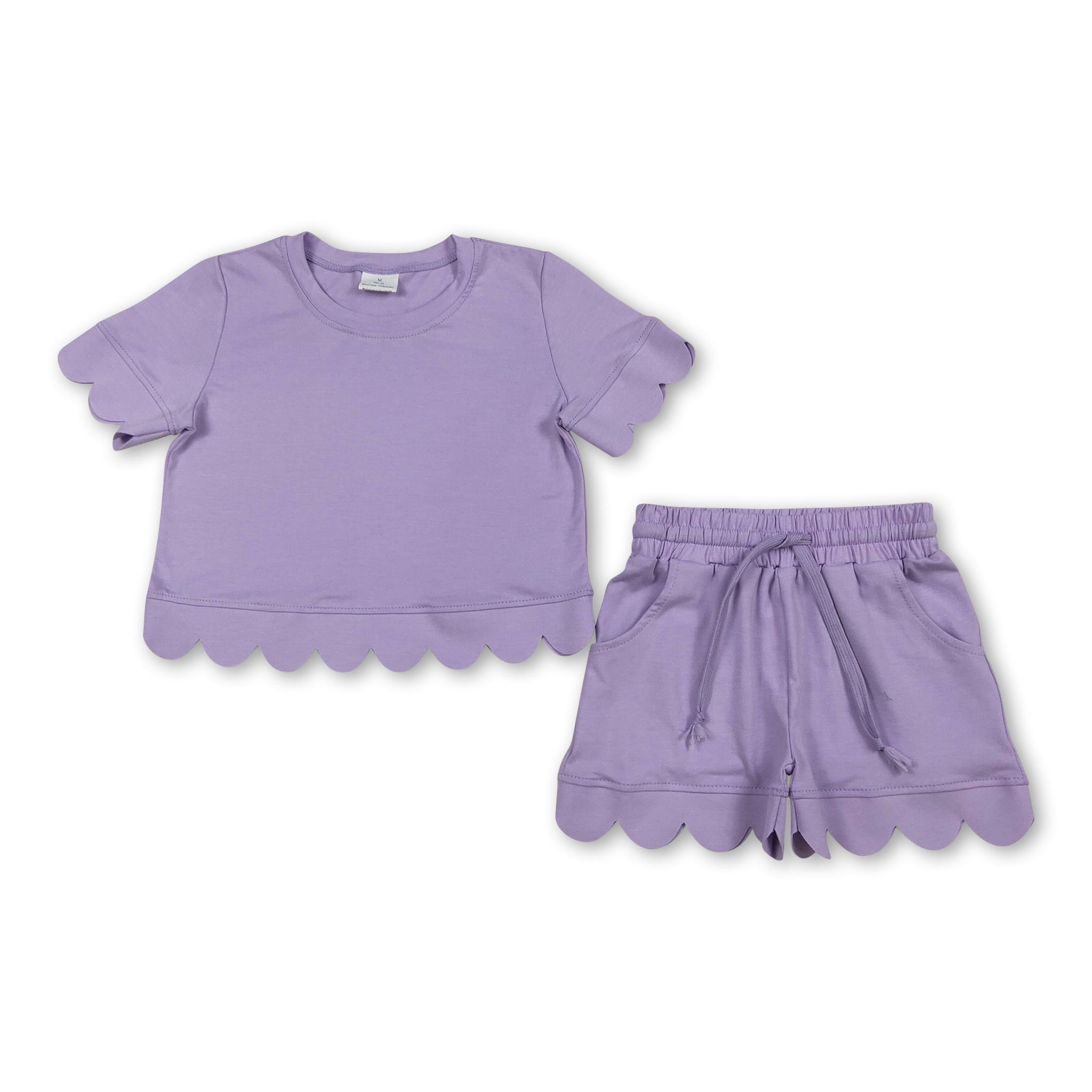 Purple Short sleeves lavender scallop top shorts girls summer outfit