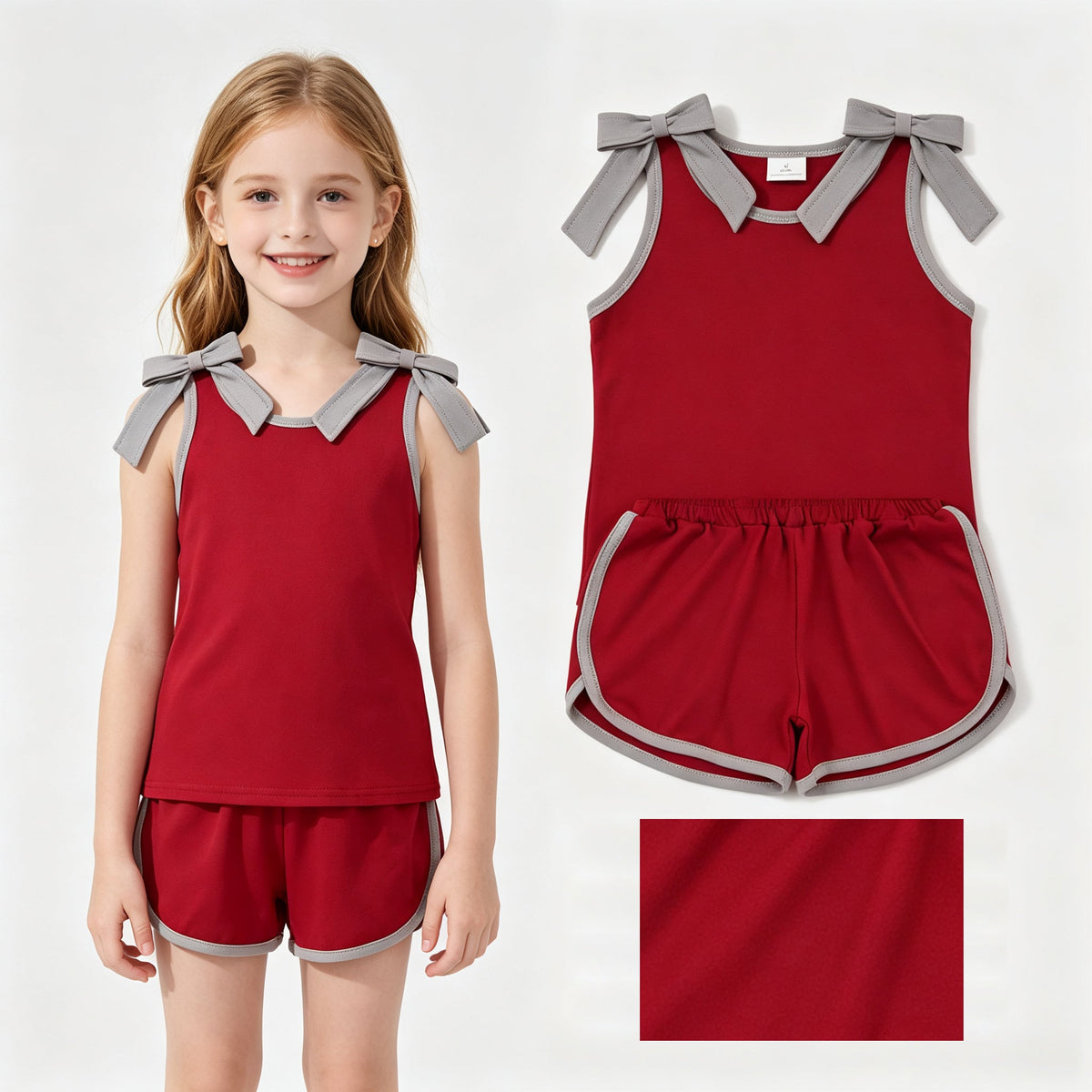 Sleeveless grey bow maroon top shorts team girls outfits