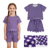 Short sleeves purple plaid scallop top shorts girls team outfits