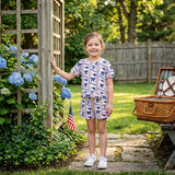 Short sleeves navy bow girls team scallop outfits