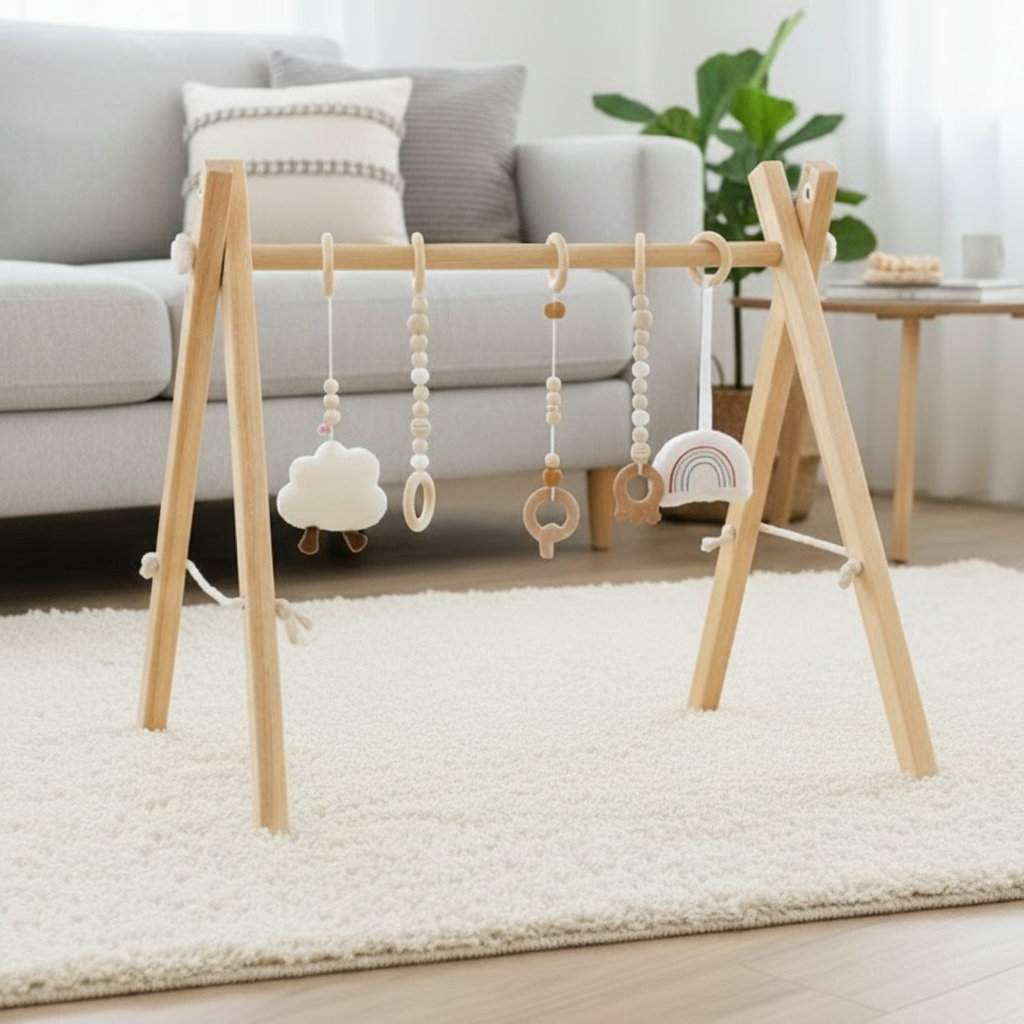 Three Little Tots Lilac Wooden Baby Gym Montessori Infant Play Gym with Hanging Toys