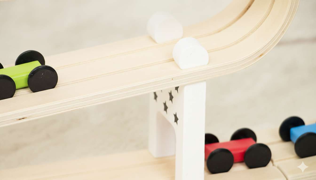 Three Little Tots Wooden Car Ramp Racer Montessori Rolling Track Toy for Toddlers, another angle