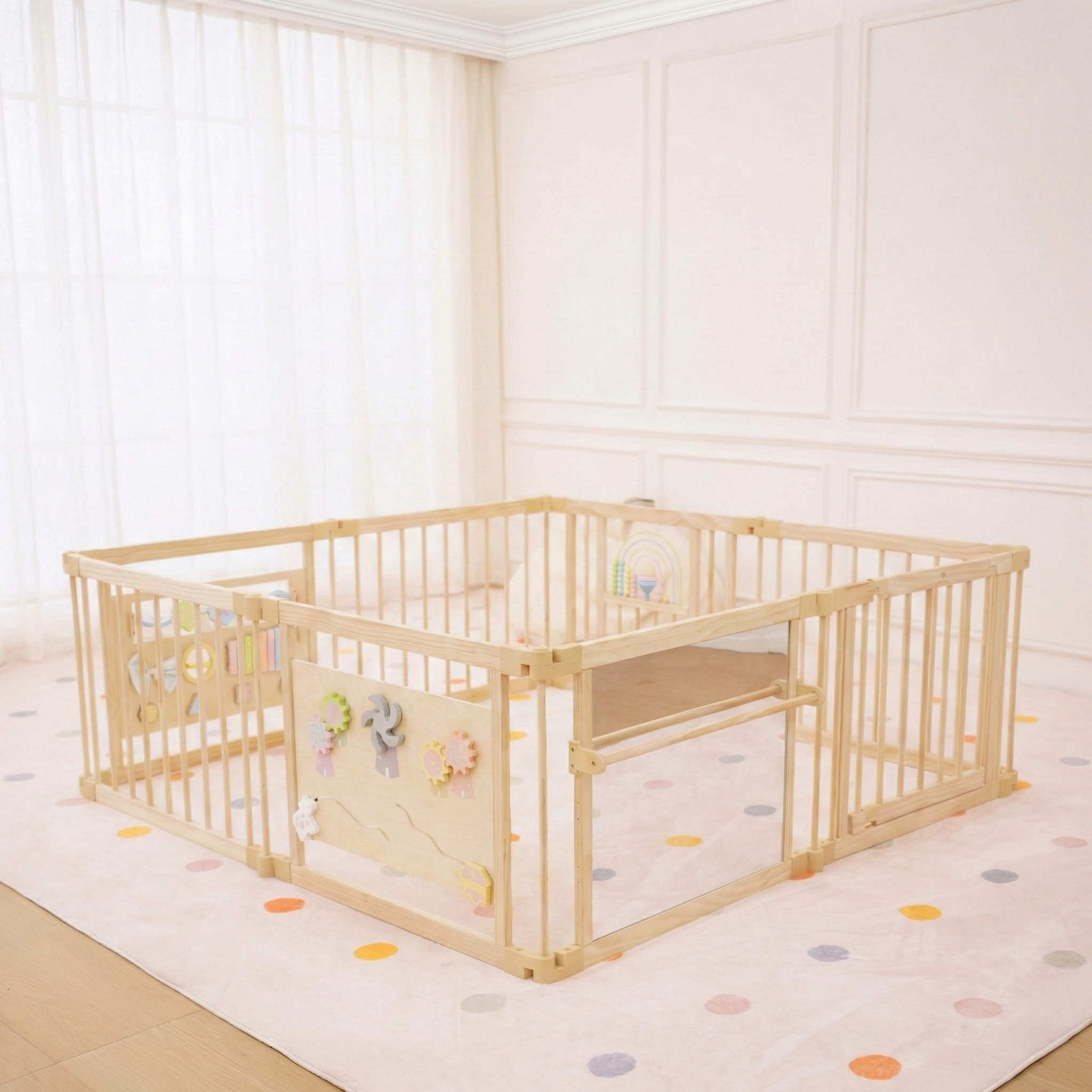Three Little Tots Wooden Baby Playpen with Mirror and Whiteboard Panel Foldable 63 x 63 Montessori Sensory Play Yard