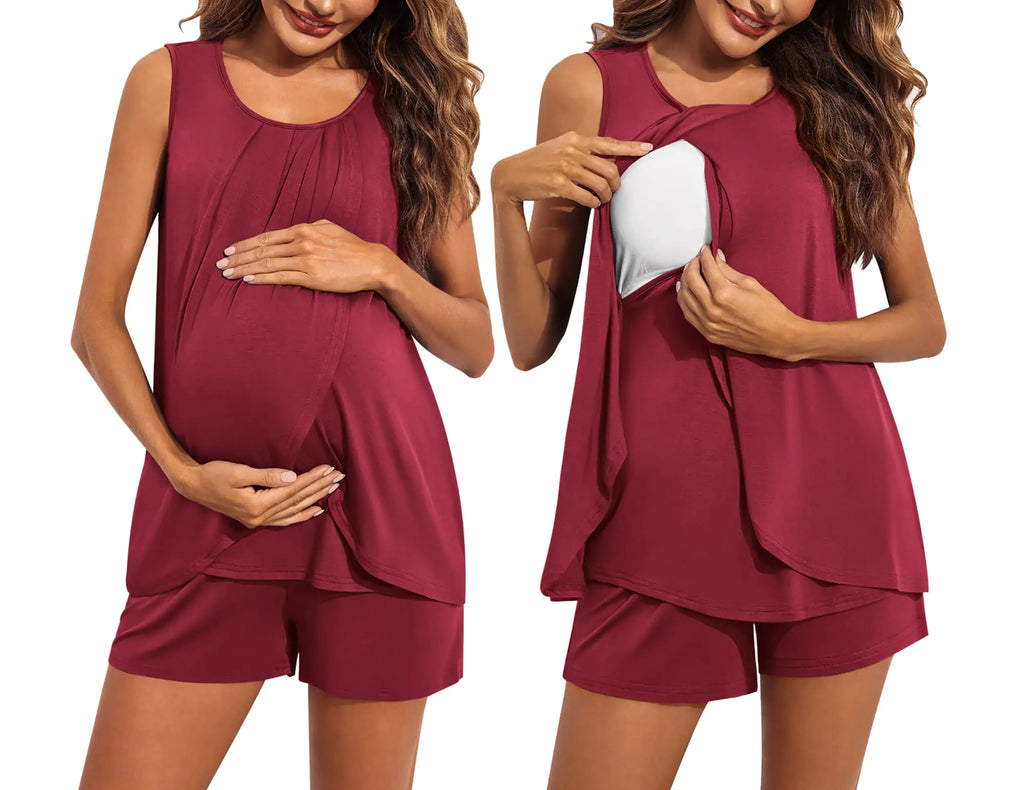 Ekouaer Womens Maternity Nursing Pajamas Set Sleeveless Breastfeeding Shirts Pregnancy Shorts Nursing PJS Wine Red M - # BAGE211510122-NURSG