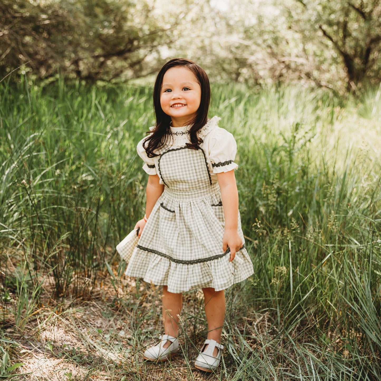 Three Little Tots Green Gingham Pinafore Set Girls' Embroidered Blouse and Dress