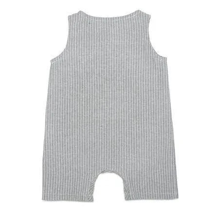 Three Little Tots Grey and White Striped Sleeveless Crop Linen Baby Romper, additional product photo