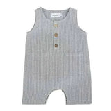 Three Little Tots Grey and White Striped Sleeveless Crop Linen Baby Romper