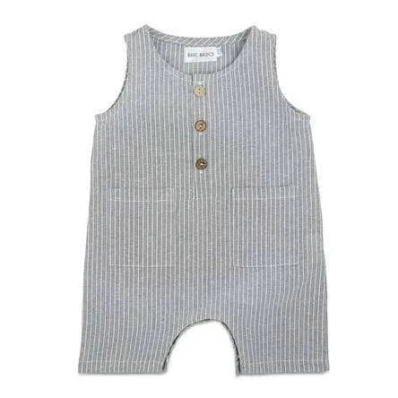 Three Little Tots Grey and White Striped Sleeveless Crop Linen Baby Romper