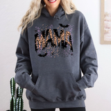 Three Little Tots Halloween Mama Mom Mama Leopard Halloween Spooky Season Boo Graphic Hoodie Hooded , in Dark Gray Heather