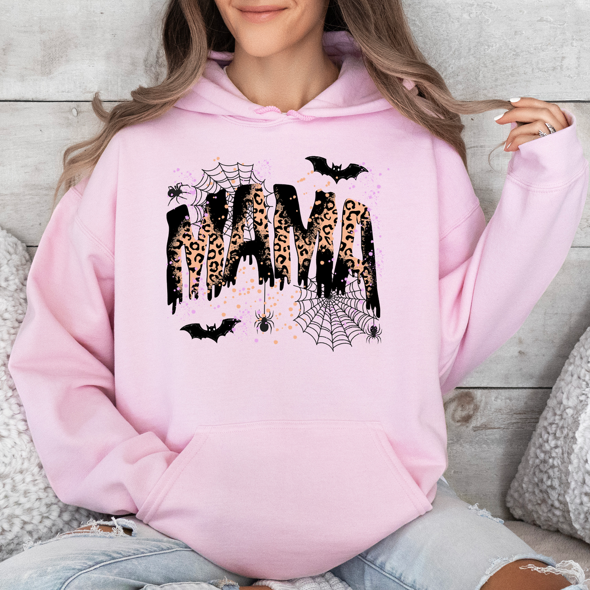 Three Little Tots Halloween Mama Mom Mama Leopard Halloween Spooky Season Boo Graphic Hoodie Hooded Sweatshirt, in Light Pink