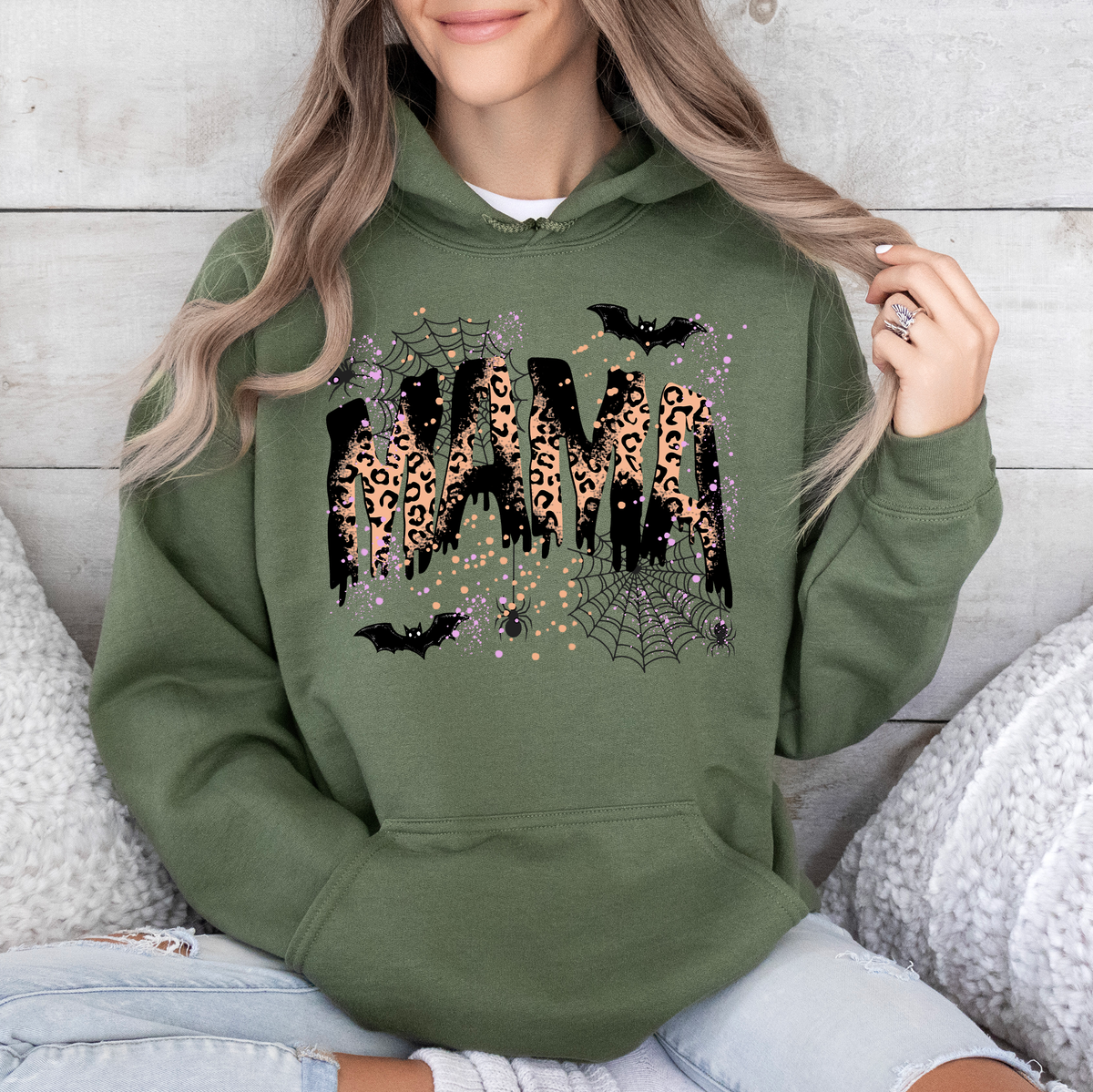 Three Little Tots Halloween Mama Mom Mama Leopard Halloween Spooky Season Boo Graphic Hoodie Hooded , in Military Green