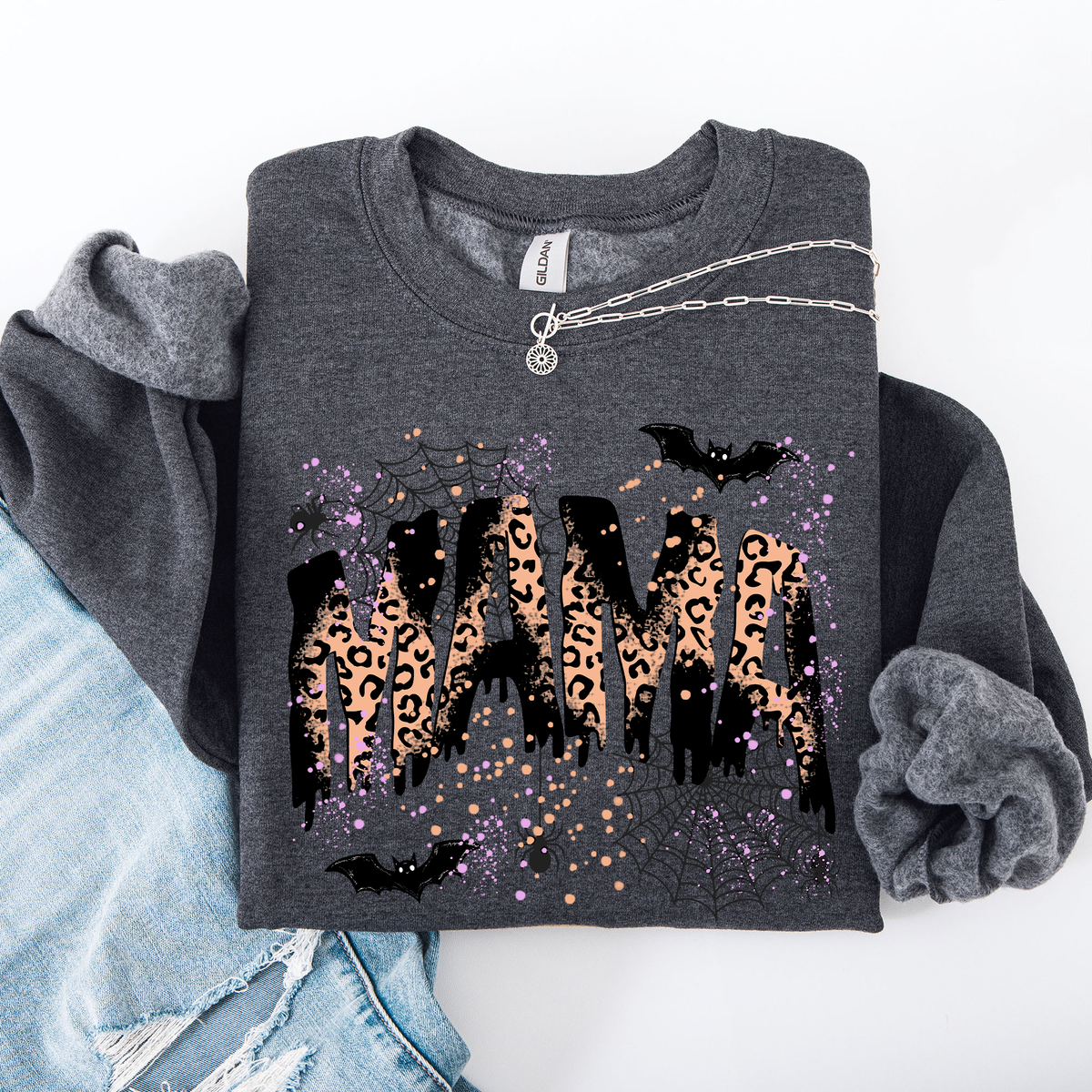Three Little Tots Halloween Mama Mom Mama Leopard Halloween Spooky Season Boo Halloween Sweatshirt, in Dark Gray Heather